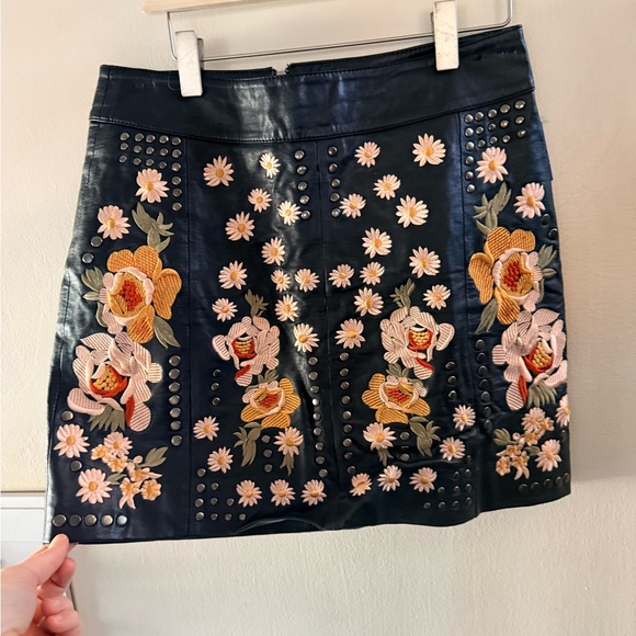 Free People Black faux Leather Skirt with Floral Embroidery - Picture 2 of 6